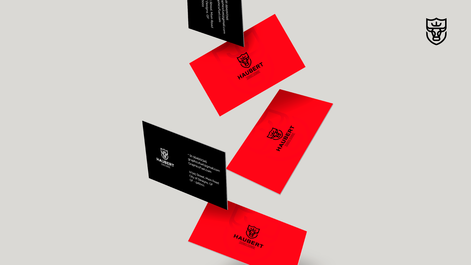 cartões de visita vermeho e preto com logotipo caindo